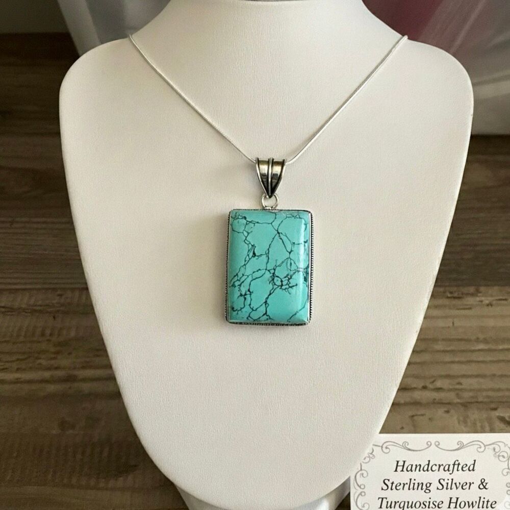Handcrafted Silver & Natural Turquoise Howlite Rectangular Pendant Necklace
